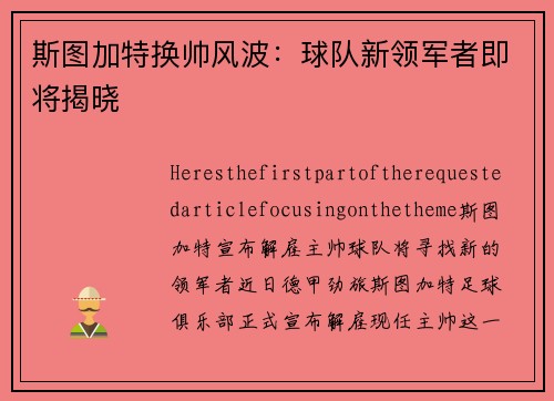斯图加特换帅风波：球队新领军者即将揭晓